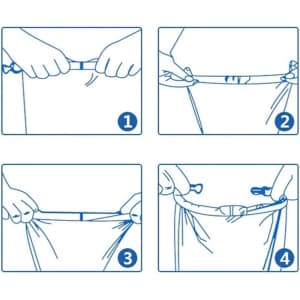 Four instructional images demonstrating the steps to seal a blue waterproof dry bag.
