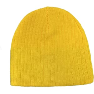 A yellow cable knit beanie with a ribbed texture and a soft finish.