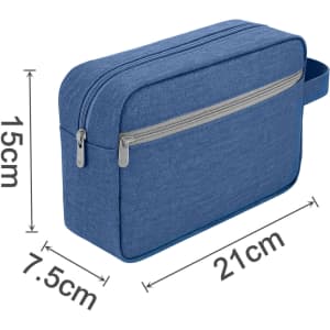 A blue toiletry bag with a handle, featuring a zippered closure and a front zip pocket, showing dimensions.
