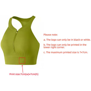 A green zip-front racerback yoga crop bra tank with a logo in the lower right corner.