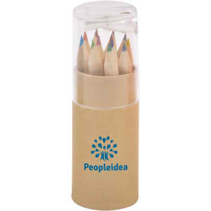 A set of coloured pencils in a transparent cylindrical case with a cardboard base and a logo.