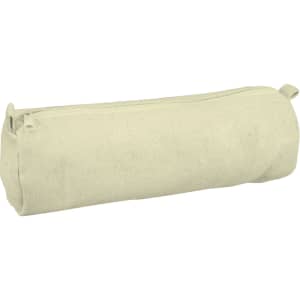 A cylindrical, cream-coloured canvas pencil case with a zip closure and a logo.