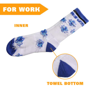 Crew woven work socks featuring a blue and white design with a towel bottom for added comfort. Includes a logo.