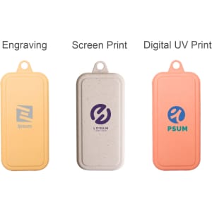 Three portable utensil cases in yellow, white, and coral featuring various logo designs.