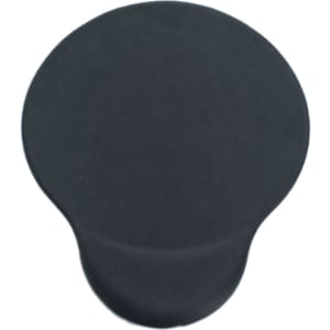 A round, black gel pad designed for use as a mouse mat, featuring a smooth surface and a rounded shape.