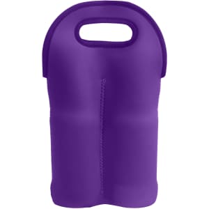 A drink bottle carrier in vibrant purple colour, designed for holding two bottles, featuring a convenient handle and branding.