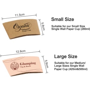 Two brown paper cup sleeves, one marked 'Small Size' and one 'Large Size', each with unique designs and dimensions.
