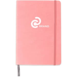 A5 PU cover notebook in pink with a grey ribbon bookmark and a logo on the front.