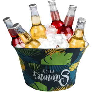 An ice bucket with a tropical design, filled with various bottles and ice, featuring a logo.