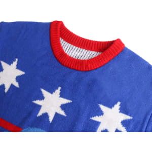 A blue unisex acrylic jacquard sweater featuring white stars and a red neckline. The design is vibrant and eye-catching.