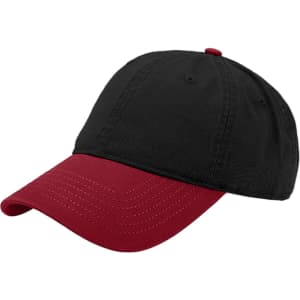 A solid black and red fashion cap featuring a logo on the front. The cap has a curved brim and adjustable strap.