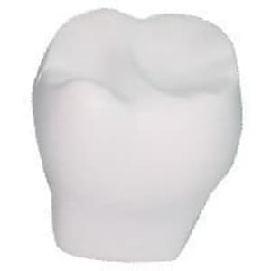 A white, tooth-shaped stress reliever, featuring a smooth, rounded design. It includes a logo on one side.