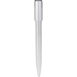 A silver USB memory pen with a sleek design and a removable cap. It features a logo on its surface.