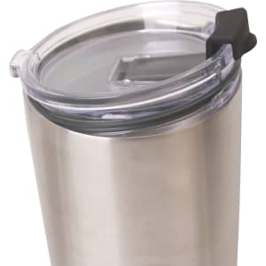 A drink bottle featuring a stainless steel finish with a clear lid and a black slider for easy access.
