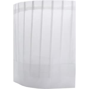 A disposable non-woven chef hat in white, featuring a pleated design and an adjustable band. It has a logo.