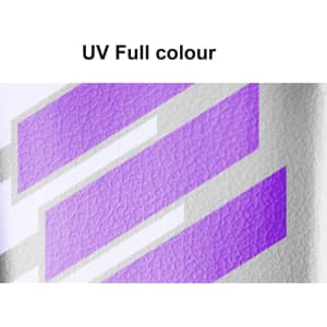A close-up of a textured surface featuring purple and grey geometric patterns with a branding logo.