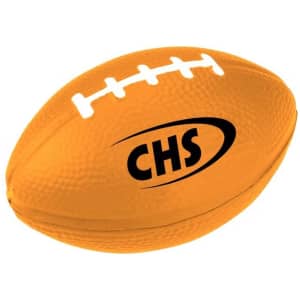 An orange rugby-shaped stress reliever with textured surface and a logo on one side.
