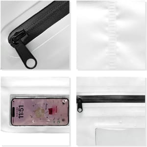 A PVC crossbody phone bag in white with a black zipper, featuring a phone pocket and a waterproof design.