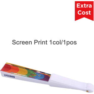 A paper hand-held fan with a white handle and a multicoloured fan blade design. It features a logo on the handle.