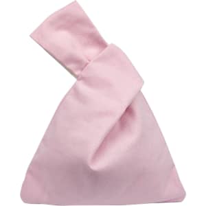 A pink cotton wrist bag with a unique twisted top design. It features a simple, solid colour and a logo.