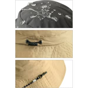 A foldable bucket hat in dark green and light tan, featuring water droplets and adjustable components.