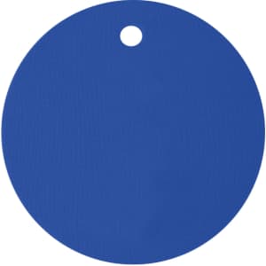A round, blue drink cover with a hole for easy attachment. The surface appears smooth and textured.