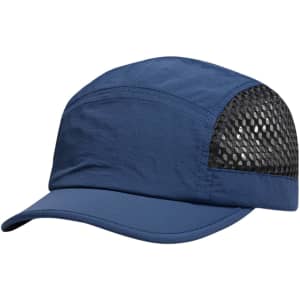 A blue short brimmed running cap with a mesh back and a curved visor, featuring a logo on the side.