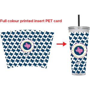 A 24oz plastic cup with a lid and straw, featuring a navy blue and white printed design, includes an insert card.