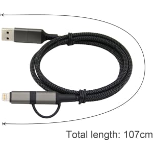 A 60W long braided charging cable in black, featuring multiple connectors and measuring 107 cm in length.