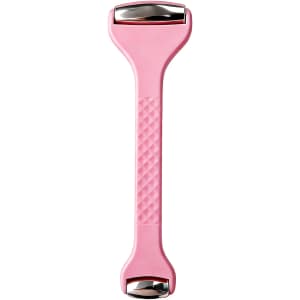 A pink double-headed ice massager roller with silver accents, featuring a textured grip.