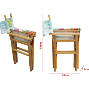 A wooden director's chair with a floral fabric seat, featuring a light blue backrest and a foldable design.