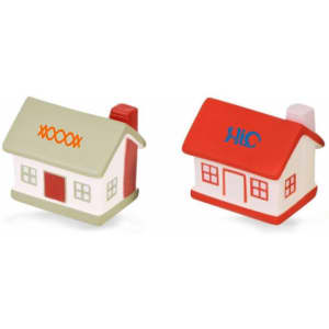 Two house-shaped stress relievers in red and white, featuring different designs and a logo on each.