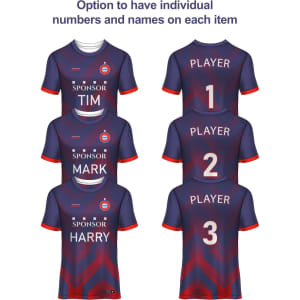 A set of three navy and maroon t-shirts featuring sublimated designs, with space for names and numbers.