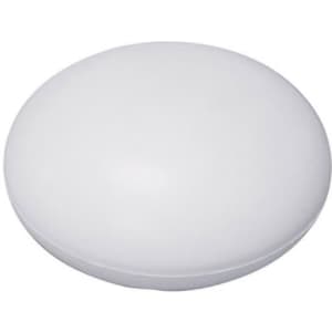 A white tablet-shaped stress reliever with a smooth surface, featuring a subtle logo.