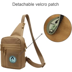 A tan tactical sling bag with a detachable velcro patch and multiple zippered pockets.