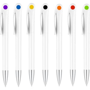 A collection of creamy white barrel pens with various coloured tops and silver accents, featuring a logo.