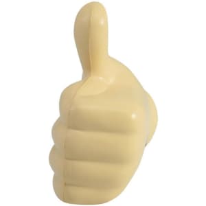 A fist-shaped stress reliever in a cream colour with a thumbs-up design. Includes a branding logo.
