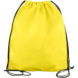 A yellow polyester drawstring bag with black cords and a smooth surface. It has a simple design and no visible branding.