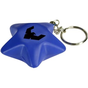 A blue star-shaped stress reliever keyring with a silver keyring attachment and a logo.