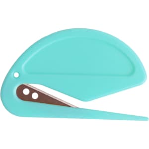 A turquoise coloured letter opener with a sleek design and a metal blade. It features a small logo on the handle.