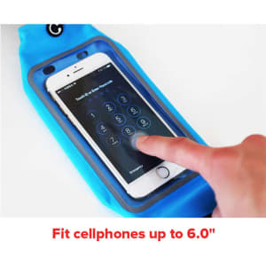 A blue sports waist bag features a clear pocket for a cellphone, designed to fit devices up to 6.0 inches.
