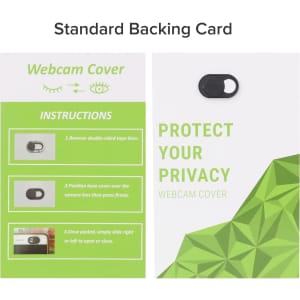 A standard backing card for a mini webcam cover, featuring green and white colours with instructions on usage.