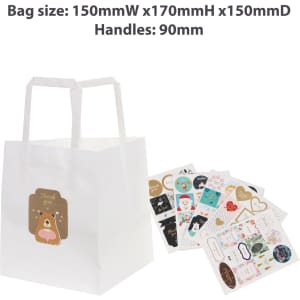 A white flat handle kraft paper bag with a decorative logo and a set of assorted stickers beside it.