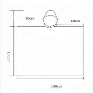 A diagram of a reusable adult PEVA rain poncho, featuring dimensions and a hooded design.