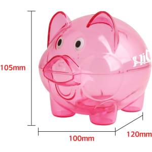 A pink piggy bank with a transparent body and cartoonish eyes, featuring a logo. Measures 105mm in height and 120mm in width.