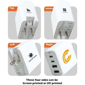 A white universal travel adapter with four ports, featuring branding on multiple sides and a plug on the bottom.
