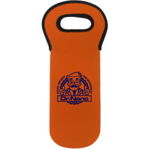 An orange single bottle wine cooler with a black trim and a logo on the front.