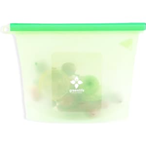 A green silicone reusable storage pouch containing various colourful items, with a logo displayed on the pouch.