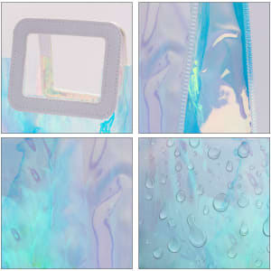 A translucent iridescent rainbow PVC bag featuring a clear window and a glossy finish with water droplets.