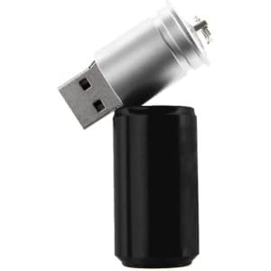 A black can-shaped flash drive with a silver USB connector partially exposed. It includes a logo on the surface.